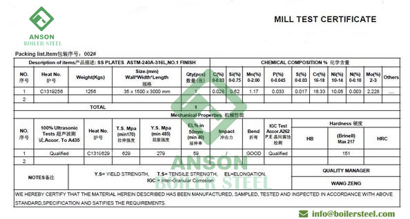 ASTM A240 316L Steel Plate Certification