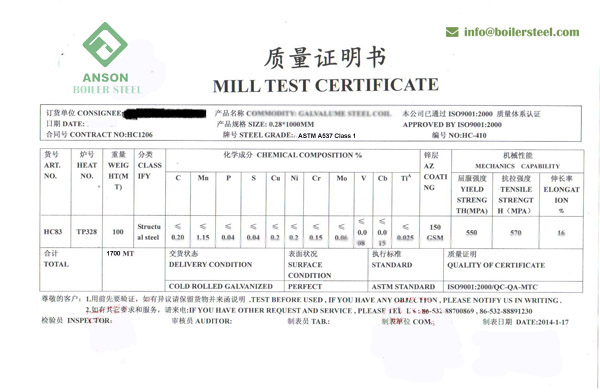 ASTM A537 Class 1 Test Certification