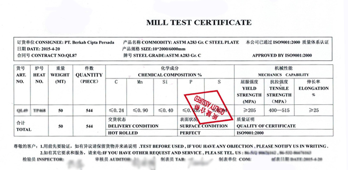 ASTM A285 Grade C Certification